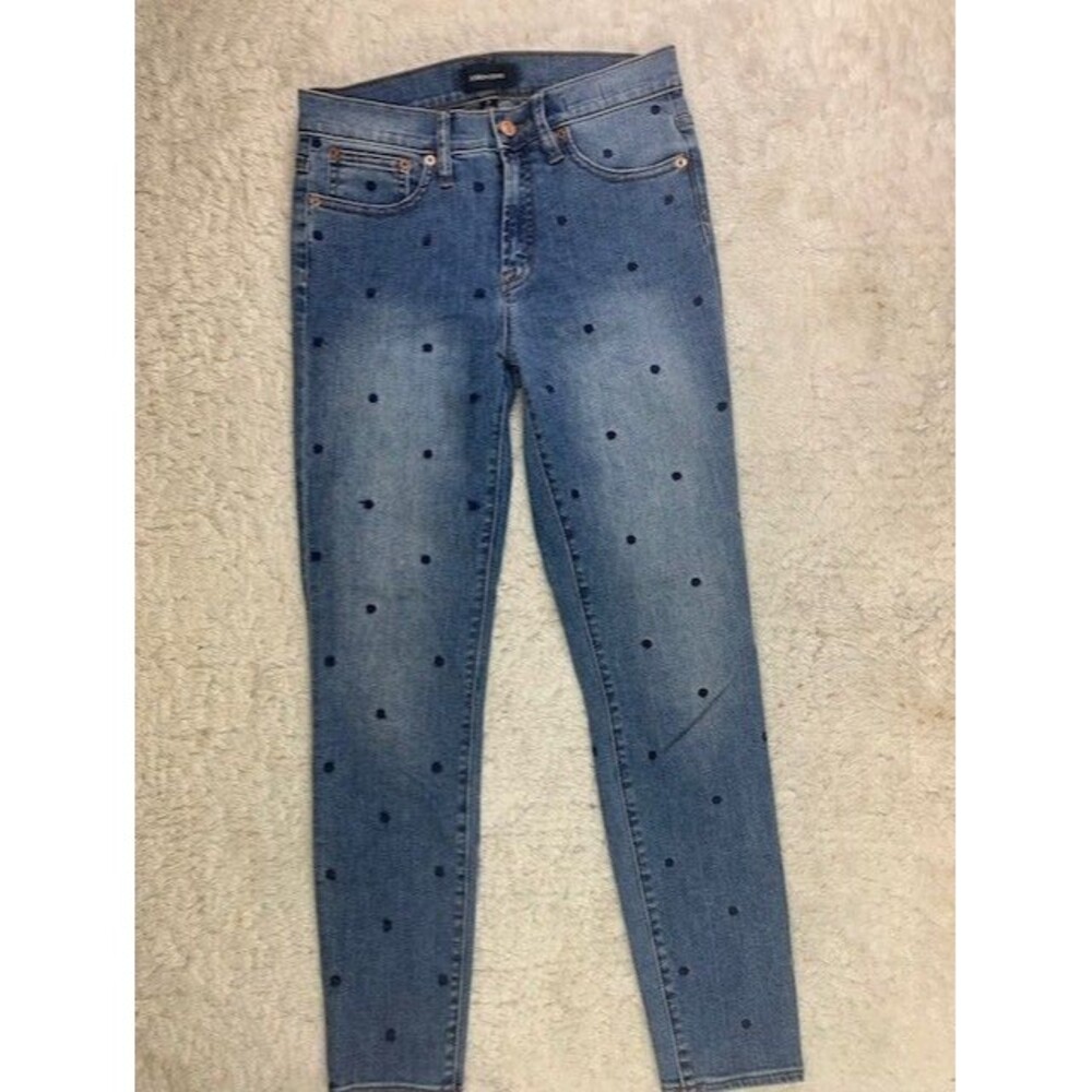 J Crew Size 27 Womens Jeans Polka Dot 9" High Rise Toothpick Med Wash Skinny